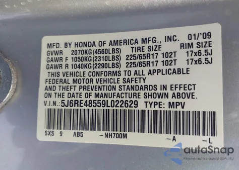 2009 Honda Cr-V Ex from USA, damaged, VIN 5J6RE48559L022629
